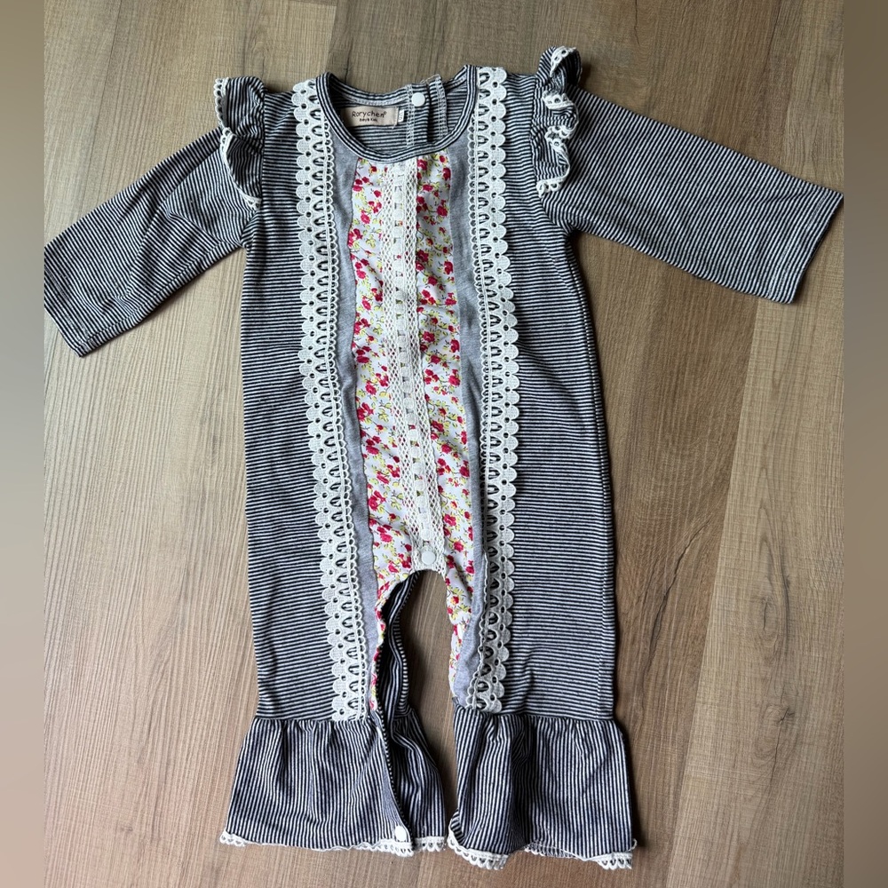 Striped Ruffle Floral-Trim One-Piece for Kids - Black & White with Pink Floral